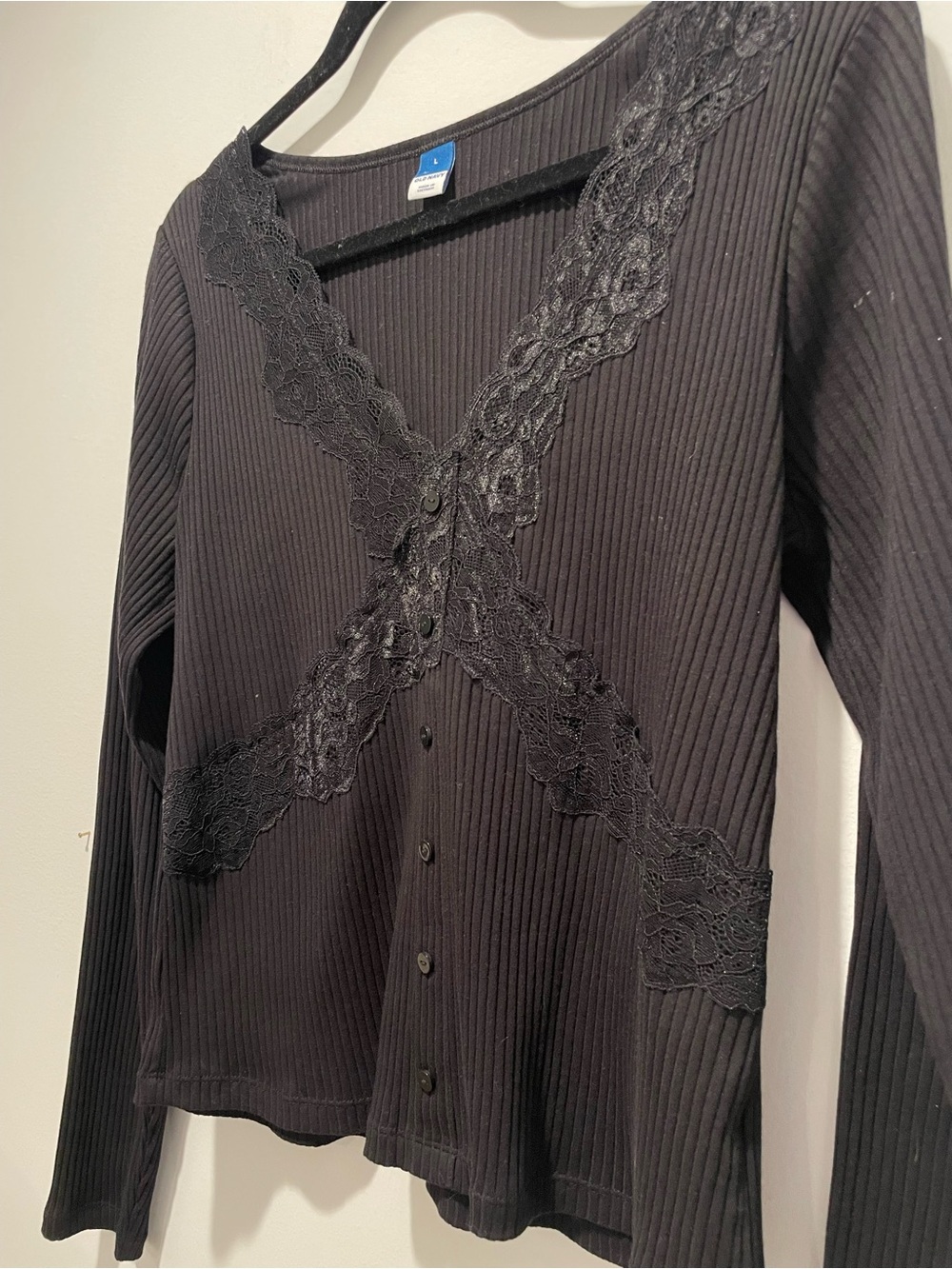 Black Ribbed Lace-Trim Button Front Top size L